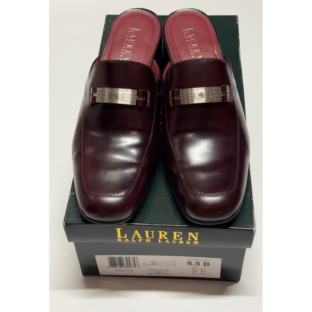 Lauren Ralph Lauren Bethel Burgundy Leather Heeled Mules RL Logo Square Toe 8.5B